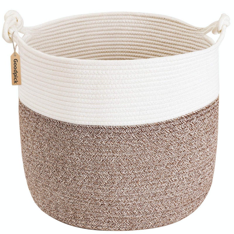 Goodpick Woven Laundry Basket, 15 x 14.2 Inches Cotton Rope Basket for Blankets, Soft Blanket Storage Baskets with Handles for Living Room, Woven Toy Storage Organizer for Nursery, Brown - Image 1